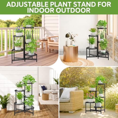 Image of iDavosic.ly 5 Tier Large Plant Stand Indoor with 10-Inch Wide Drainage Tray, Tiered Corner Metal Outdoor Flower Display Holder Shelf, Folding Tall Rack for Patio Porch Balcony, Black Iron Carving