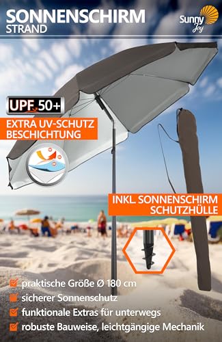 4smile Sonnenschirm Strand SunnyJoy, Taupe - UPF 50+ Strandschirm Ø 180 cm, sicherer Sonnenschutz Strand, Strandschirm windfest stabil - Sonnenschirm mit Schutzhülle – Bild 3