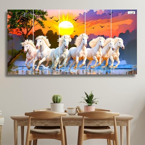 Image of 7 Horses Painting - 24 x 48 Inch 5 Piece Panel Wall Decor Painting | Seven Horse Vastu Wall Frame with Rising Sun | Sparkle Laminated Vinyl on 7mm MDF | For Living Room, Office & Bedroom