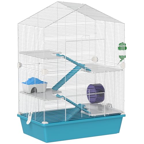 PawHut Jaula para Hámster de 5 Niveles Casa para Animales Pequeños con Plataformas Cuenco Bebedero Casita Rampas y Rueda de Ejercicio 58x36x81 cm Azul Claro