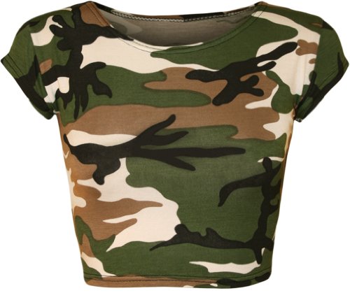 WearAll - Damen Bedruckt Flügelärmel Kurz Top - Camouflage - 40-42