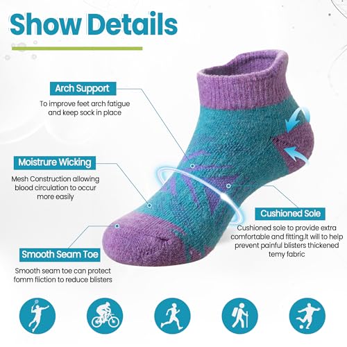 Velice Kids Merino Wool Ankle Hiking Running Socks Girls Boys Teens Athletic Warm Thick Cushion No Show Socks 6 Pairs4