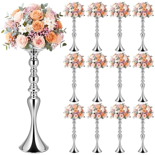 Sadnyy 12 Pcs Sliver Metal Flower Arrangements Stand Tall Wedding Centerpiece Stand Table Decor Flower Vase for Wedding Reception Event Party Dinner Home Decor(16.9 Inch)