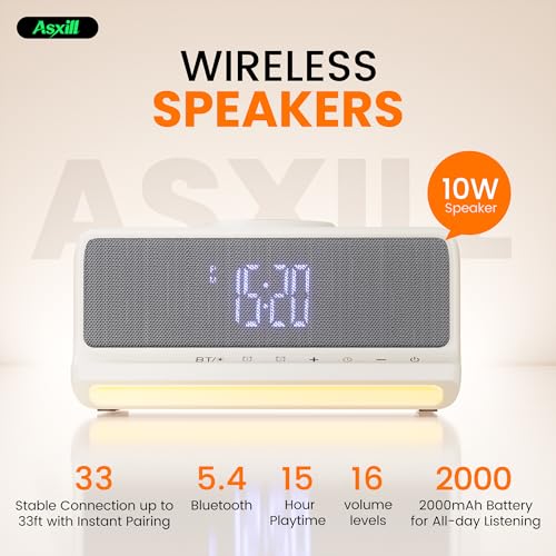 Asxill Digital LED Dual Alarm Clock Bluetooth Speaker, Fast Wireless Charger Station for iPhone/Samsung Galaxy, 3 Level Dimmer, 10W Stereo Bluetooth Speaker, Night Light for Bedroom, Bedside, Desk — view 5