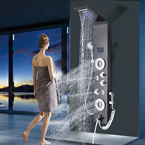 AlenArt Shower Panel Tower System, LED Rainfall Waterfall Shower Head Shower Panel System Massage Jets, Stainless Steel Bathroom Shower Faucet with Bidet, Brushed Blackâ€¦