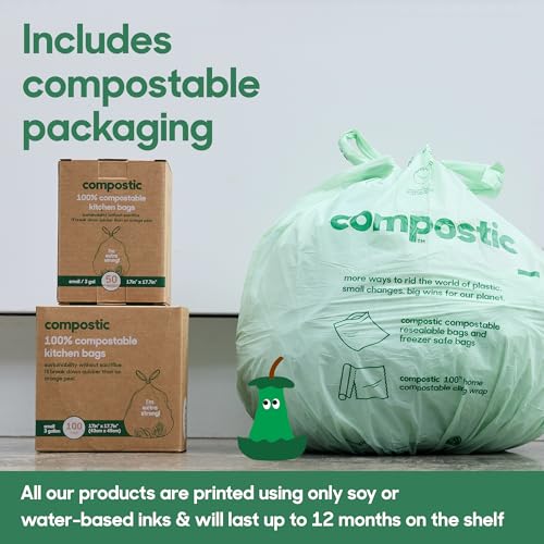 Image of Compostic Compostable 3 Gallon Bathroom Trash Bags, 50 Ct | Fits 3 Gallon Bins, Extra Strong & Leak-Proof, Home Compostable, Unscented, BPA & GMO Free