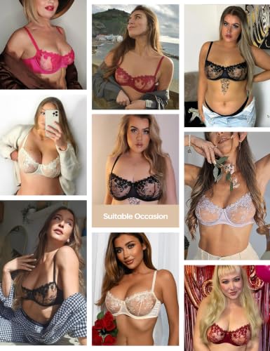 Image of Wingslove Women's Sexy Lace Bra Demi Sheer Mesh Balconette See Through Bralette Unlined Underwire Embroidered