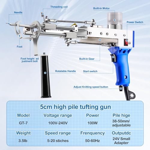 Image of BESGEER Carpet Tufting Gun Starter Kit, Long Pile Rug-Maker-Machine,2 in 1-Cut-Loop-Tufting-Gun, Electric-Rug-Making-Kit for Beginners (Blue 5cm Pile)