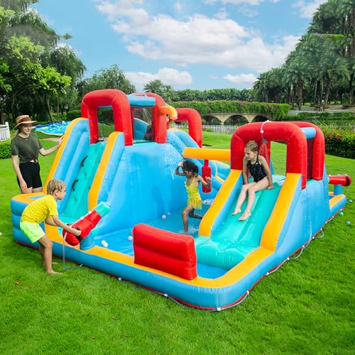 HECCEI Giant Inflatable Water Bounce House with Trampoline, Water Slide, and Pool, with 750W Air Blower and a Carry Bag (Global Limited Edition)