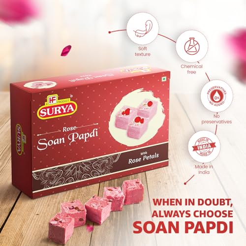 Image of HF, Surya Rose Petals Soan Papdi- 400g | No Added Preservatives or Colours | Nutritious Delicious Soft Flaky High Protien Mithai with Almonds Pistachios