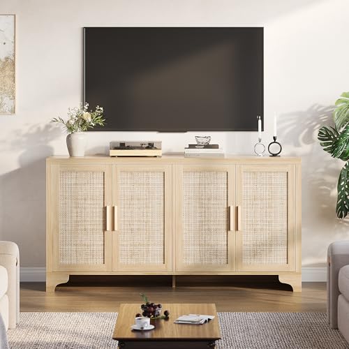 GarveeHome 4-Door Sideboard Buffet Cabinet, Natural Rattan Storage Cabinet, Boho Entryway Console Table, Coffee Bar Station for Dinning Room, Living Room, Kitchen