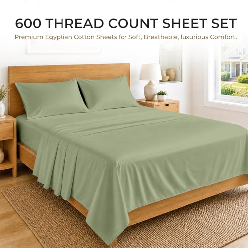 Image of SGI bedding 100% Egyptian Cotton Sheets Full XL Size - 600 Thread Count Sheets Set, Soft, Cooling, 15 inch Deep Pocket, Luxury Hotel Bedding, Breathable, Durable - Moss
