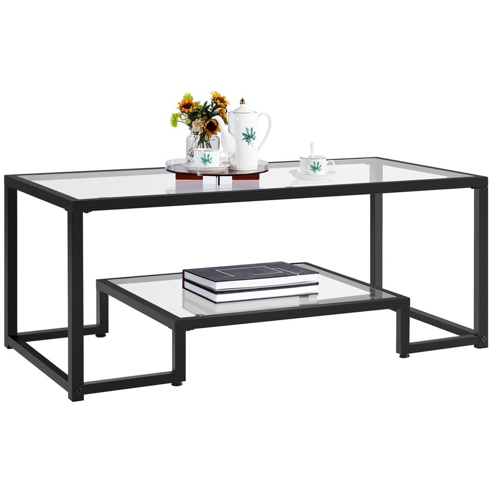Yaheetech Mesa de Centro de Cristal Templado 106×50×45 cm Mesa de Café con Revistero Mesa Baja de Dos Niveles Rectangular para Sofá Negro