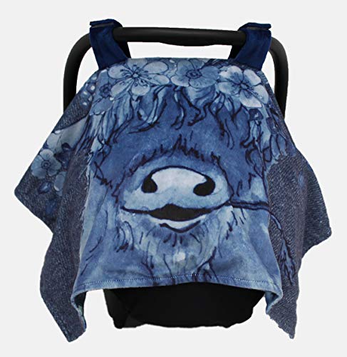 Image of Dear Baby Gear Blue Baby Car Seat Canopy + Snap Button Opening - Carseat Canopy for Daily Use - Cover for Newborn Car Seats - Stylish Nursing Cover - Floral Highland Cow, Denim Floral, 40 inch x 30 inch