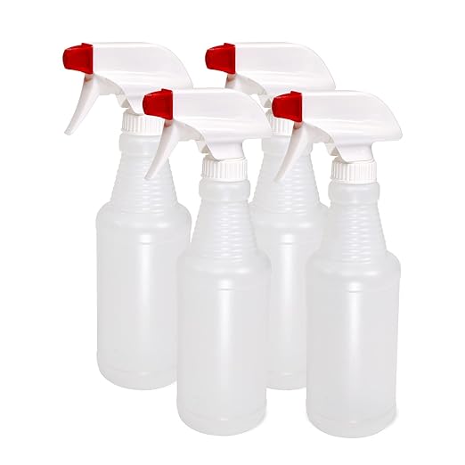 Pinnacle Mercantile Plastic Spray Bottles USA Made 4 Pack 16 Oz Heavy Duty No Leak Empty Refillable Spray Bottle Mist Stream for Cleaning Solutions, Plant, Hair, Bleach, Vinegar, Alcohol Safe