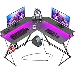 SEVEN WARRIOR L Shaped Gaming Desk with LED Lights & Power Outlets, 50.4” Computer Desk with Monitor Stand, Corner Desk with Carbon Fiber Surface, Gaming Table with Hooks, Black