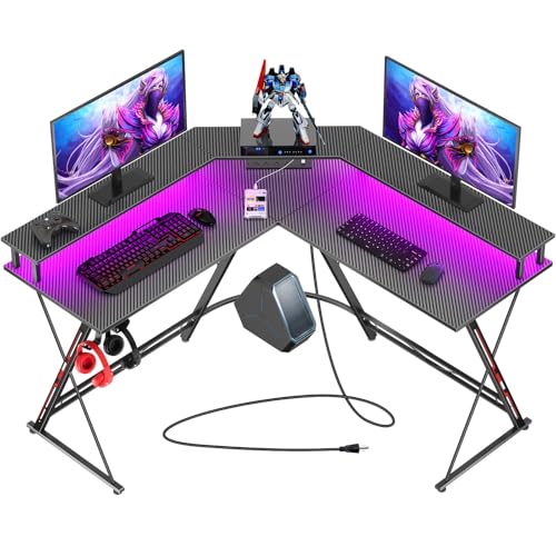 SEVEN WARRIOR L Shaped Gaming Desk with LED Lights & Power Outlets, 50.4” Computer Desk with Monitor Stand, Corner Desk with Carbon Fiber Surface, Gaming Table with Hooks, Black