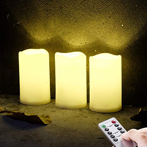 Image of NONNO&ZGF 3 X 5'' Outdoor Waterproof Flameless Candles, 3 Pack, Warm White LED Resin Rainproof Pillar Battery Candle with Remote Control /Timer