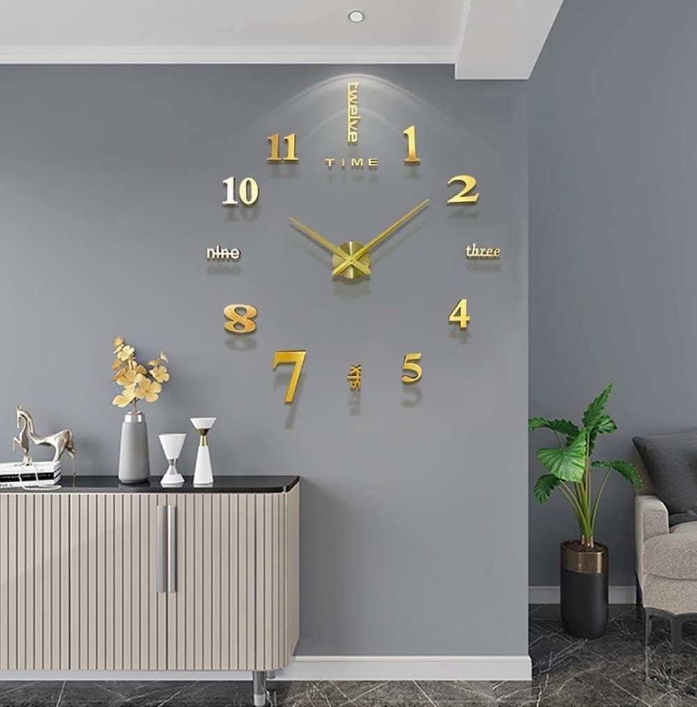 DIY 3D Wall Clock,Decor Sticker Mirror Clock,Modern Frameless Large Wall Clock Kit for Living Room Bedroom (Color : Gold)