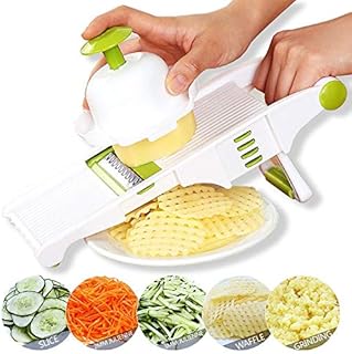 GProMe Mandoline Slicer – Adjustable Vegetable Mandolin, Fruit zucchini Slicer, French Fry Cutter,Crinkle Cutter Food Waffle,Julienne Grater,Garlic Grinder(White)