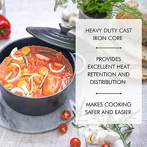 Cast Iron Pot with Lid Non-Stick Ovenproof Enamelled Casserole Pot Sturdy Dutch Oven Cookware 4.7L, 24cm by Nuovva (Black)