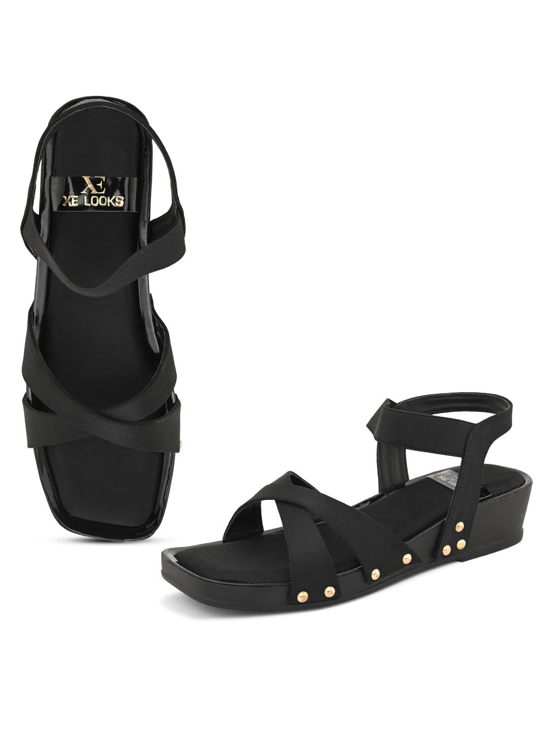 XE Looks Womens Black Wedges Sandals | Cross Strap Design with Gold Stud Detailing | Comfortable, Attractive & Fancy Ankle Strap-Wedges Cushioned Footbed | Stylish Wedges Sandals For Girls & Women (B0CQV779N3) Amazon Price History, Amazon Price Tracker