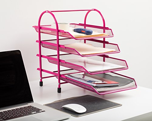 Klickpick Office 4 Tier Heavy Duty Metal Desktop Letter Tray File Organizer Sorter Desk Document Organizer Shelf Tray Magazine Holder Paper File Newspaper Organizer Tray - Pink
