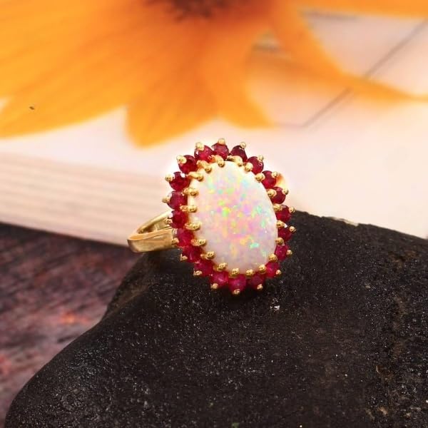 Vintage Fire Opal & Red Garnet Ring for Women – 925 Sterling Silver with 14K Gold Plated Unique Flower Design Engagement Ring Birthday Jewelry Gift2