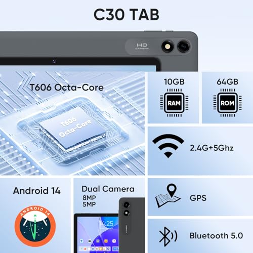 Tablet, 10 inch Android 14 Tablet, Octa-Core Processor Google Tablets with 10GB RAM + 64GB ROM 1TB Expand, GPS, 6000mAh, 1280x800 IPS Display, BT5.0, Dual Camera, WiFi 5, GPS (Blue) - Image 3