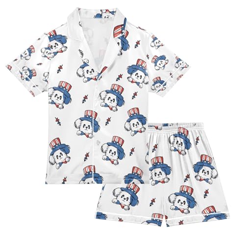 senya Dog Usa Head Satin Summer Pajama Sets Silk Short Sleeve Button Down Sleepwear