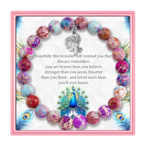 PARTNER Peacock Inspirational Birthday Gifts for Women Best Friends Unique Gifts Natural Stone Beaded Bracelets for Women Agate Beaded Jewelry with Meaningful Message Card For Peacock Lovers,Comes Packaged