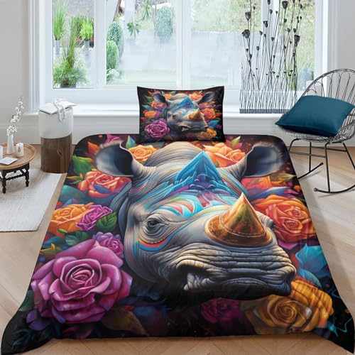 Funda nórdica de rinoceronte y rosas coloridas para renovar la decoración de dormitorios modernos 2