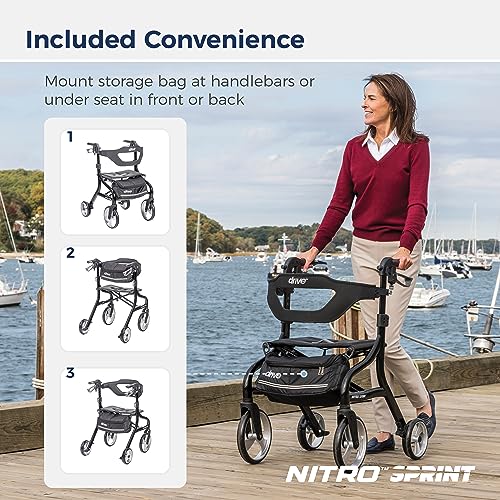 Image of Drive Medical Nitro Sprint Rollator Walker with Seat, Standard, Black | Lightweight Rollator with Large Wheels Offers Compact Folding Design for Standard Size Everyday Comfort