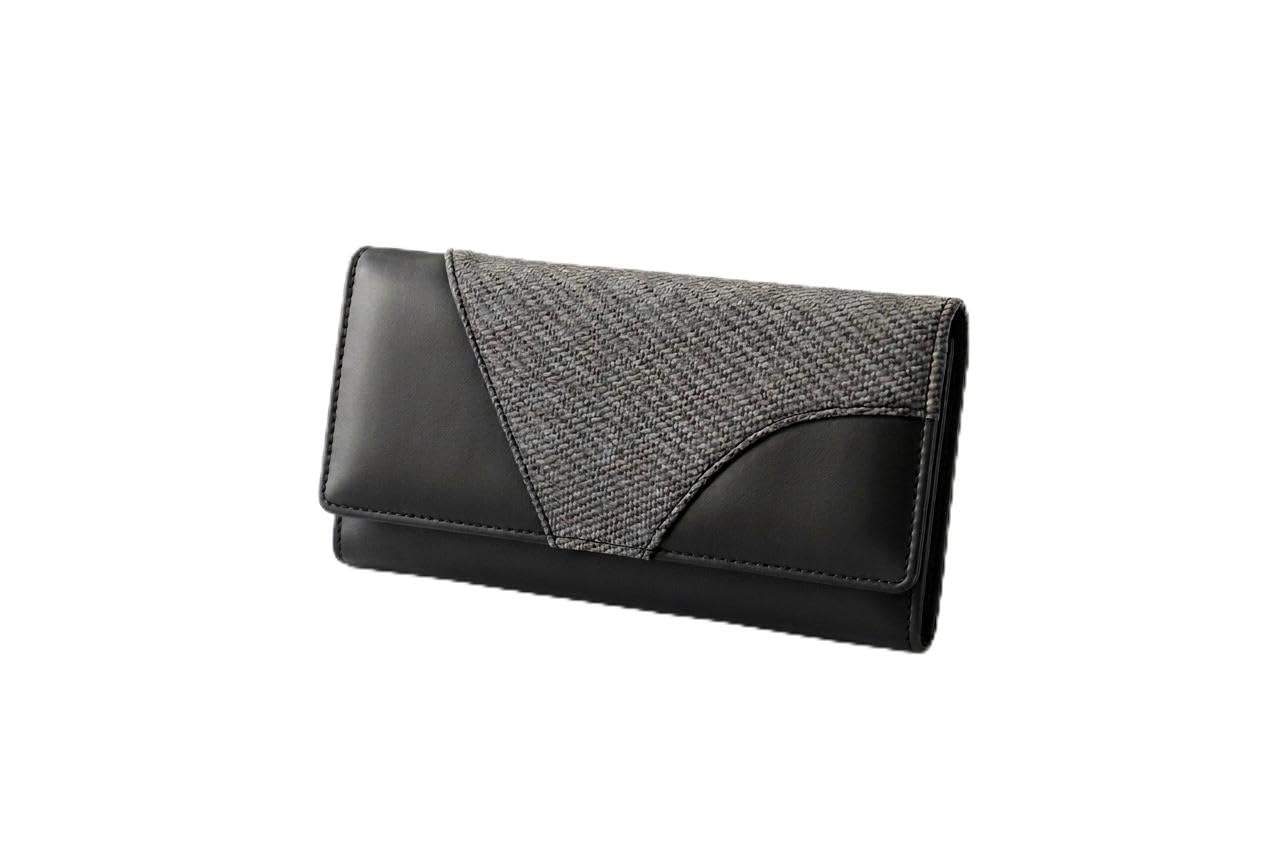 M Premium Women's Long Clutch Wallet, Black and Grey, Faux Leather with Woven Fabric Panel, Card Slots, Zip Pocket-image-25