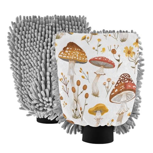 ALAZA Mushroom Flower Car Wash Mitt Scratch Free, 2 Pack Absorbent Microfiber/Chenille Washing & Drying Mitts, M