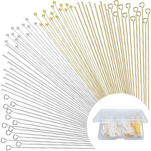 600 Pieces 2 Inch Flat Head Pins Eye Pins for Jewelry Making DIY Straight Bendable Ball Headpin Gold and Sliver Jewelry Metal End Headpins for Craft Earring Necklace Bracelet Pendant Supplies