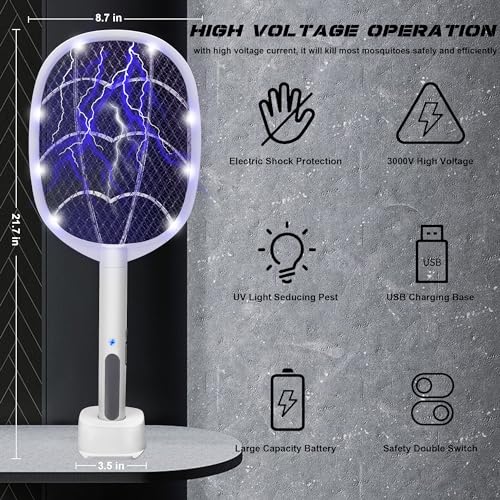 Image of Electric Fly Swatter Rackets, 2-in-1 Handhold Bug Zapper with 3000V High Voltage, Plug-in Mosquito Killer Insect Light Trap with 3 Layer Safety Mesh Portable for Indoor Outdoor Use (2)