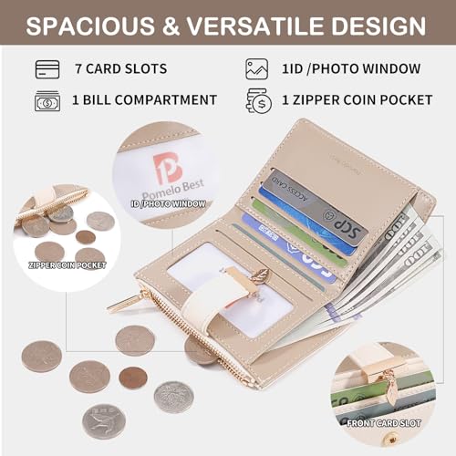 Image of Pomelo Best Wallet Women Bifold Leather Wallets for Women Credit Card Holder with ID Window Zipper Coin Pocket Pudding White