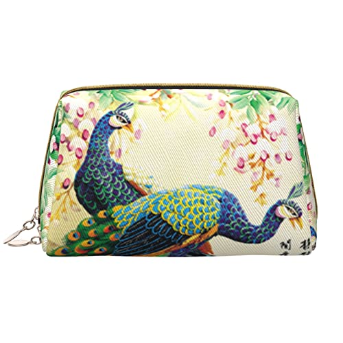Trousse de maquillage motif paon en cuir blanc élégant pour ranger vos cosmétiques de luxe