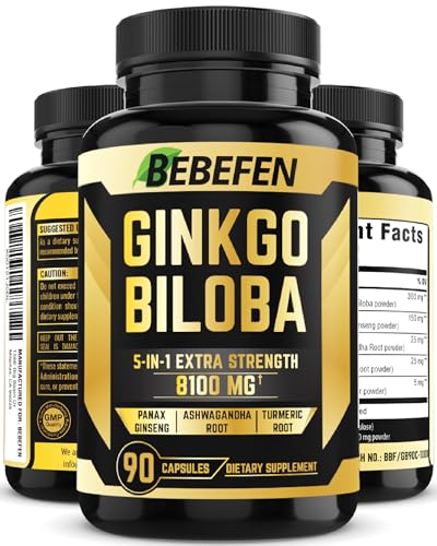 Ginkgo Biloba + Panax Ginseng, Ashwagandha, Turmeric, Black Pepper Extract Capsules 8100mg - 90 Capsules for 3 Months Supply