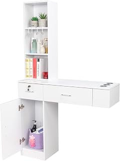 OmySalon Wall Mount Barber Stations, Salon Stations for Hair Stylist, Hair Styling Equipement Set with a Storage Cabinet, 2 Drawers and a 3 Tier Shelf (White)