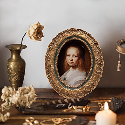 Sylvia's Shop Small Antique 2.5 X 3.5 Oval Picture Frame, Mini Vintage Ornate Photo Frame, Table Top And Wall Hanging Home Decor, Old Fashioned Photo Gallery Art Deco, Bronze Gold And Navy Blue #TOP3