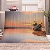 Beydodo Manta de Franela para Cama Mantas para Sofa 130x150,Barco y Atardecer Mantas Naranja Gris