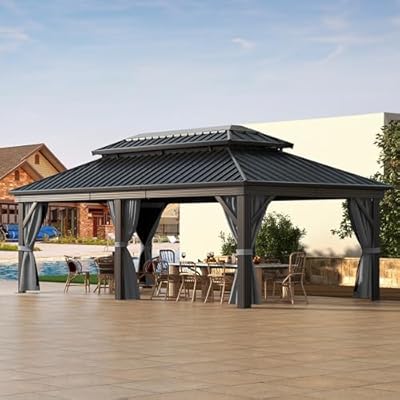 DWVO 12x18ft Gazebo Double Roof Hardtop with Nettings and Curtains, Heavy Duty Galvanized Steel Outdoor Vertical Stripes Roof for Patio, Backyard, Deck, Lawns, Grey