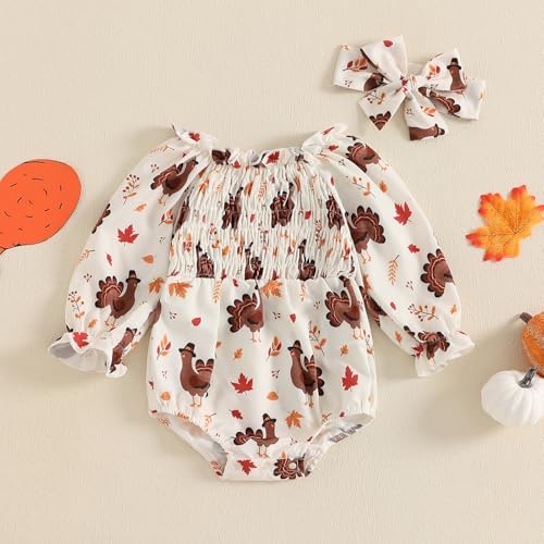 Newborn Baby Girl Thanksgiving Outfit Turkey Bubble Romper Long Sleeve Ruched Bodysuit Headband Cute Fall Clothes2