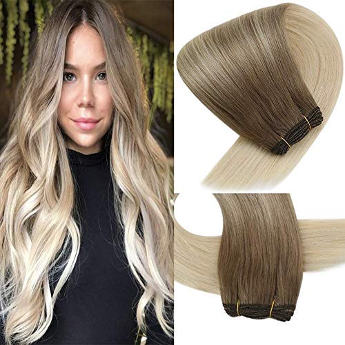 VeSunny 24" Sew in Weft Hair Extensions Remy Human Hair Balayage Color #8A Light Brown Mix #60 Platinum Blonde Ombre Double Weft Extensions Silky Straight Human Hair Full Head Set 100G