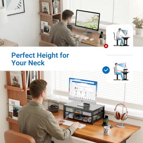 Image of OPNICE Computer Monitor Stand Riser, Desk Organizer with Drawer, Printer & Laptop Stand, Office Desk Accessories & Workspace Desktop Organizers Storage for Office Supplies(Black with 2 drawers)