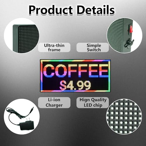 Image of P2.5 Programmable LED Digital Sign Board 15x7 Inch Handheld Portable WiFi Display for Advertising, Vendor Booths, Restaurants, Coffee Shops, Cars,Lightweight Digital Signage