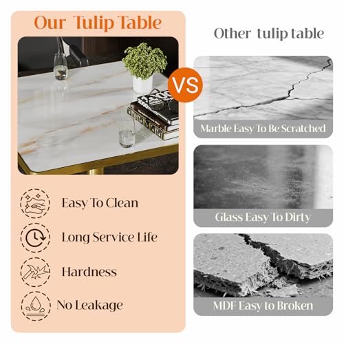 Image of 63 inch Square Dining Table, Tulip Table with 1.2 inch Thick Sintered Stone Tabletop and Golden Metal Pedestal Base, Small Square Dining Tables for Diner,Bar,Restaurant,kitchen,Bakery,Apartment (Marble Gold)
