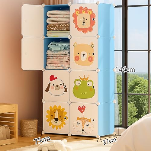 Image of AYSIS 𝟖 𝐒𝐡𝐞𝐥𝐯𝐞𝐬 Multi-Purpose Organizer | 𝐊𝐢𝐝𝐬 𝐏𝐥𝐚𝐬𝐭𝐢𝐜 Modular Storage Rack for Clothes, Kitchen, Living Room | Space-Saving Collapsible Wardrobe for Clothes【Blue, 8-Shelf-8-Door】